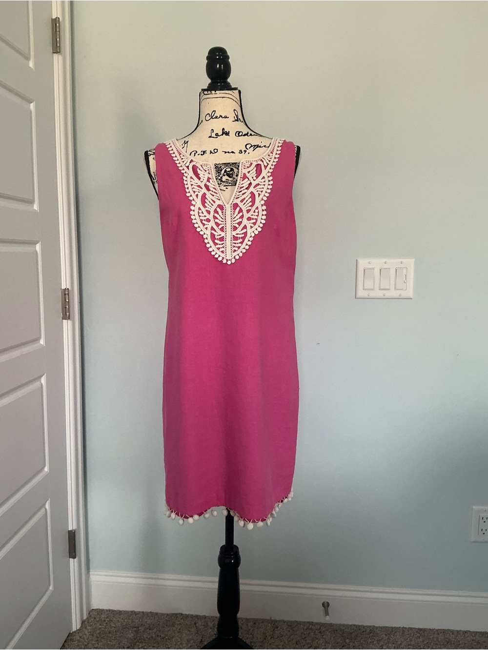 Pink Sleeveless Shift Dress with Lattice V-Neck, Pom Pom Hem